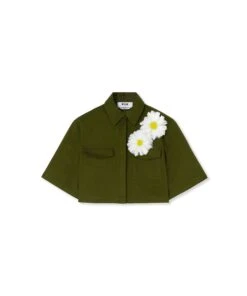 Stretch Cotton Gabardine Crop Shirt With Daisy Application