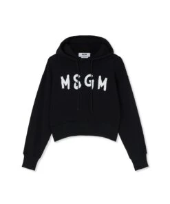 Crop Hooded Sweatshirt With Brushstroke Logo Graphic