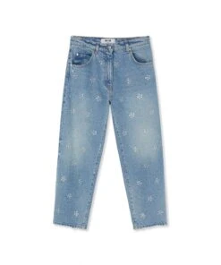 Blue Denim Pants Wih 5 Pockets And Daisy Rhinestone Application