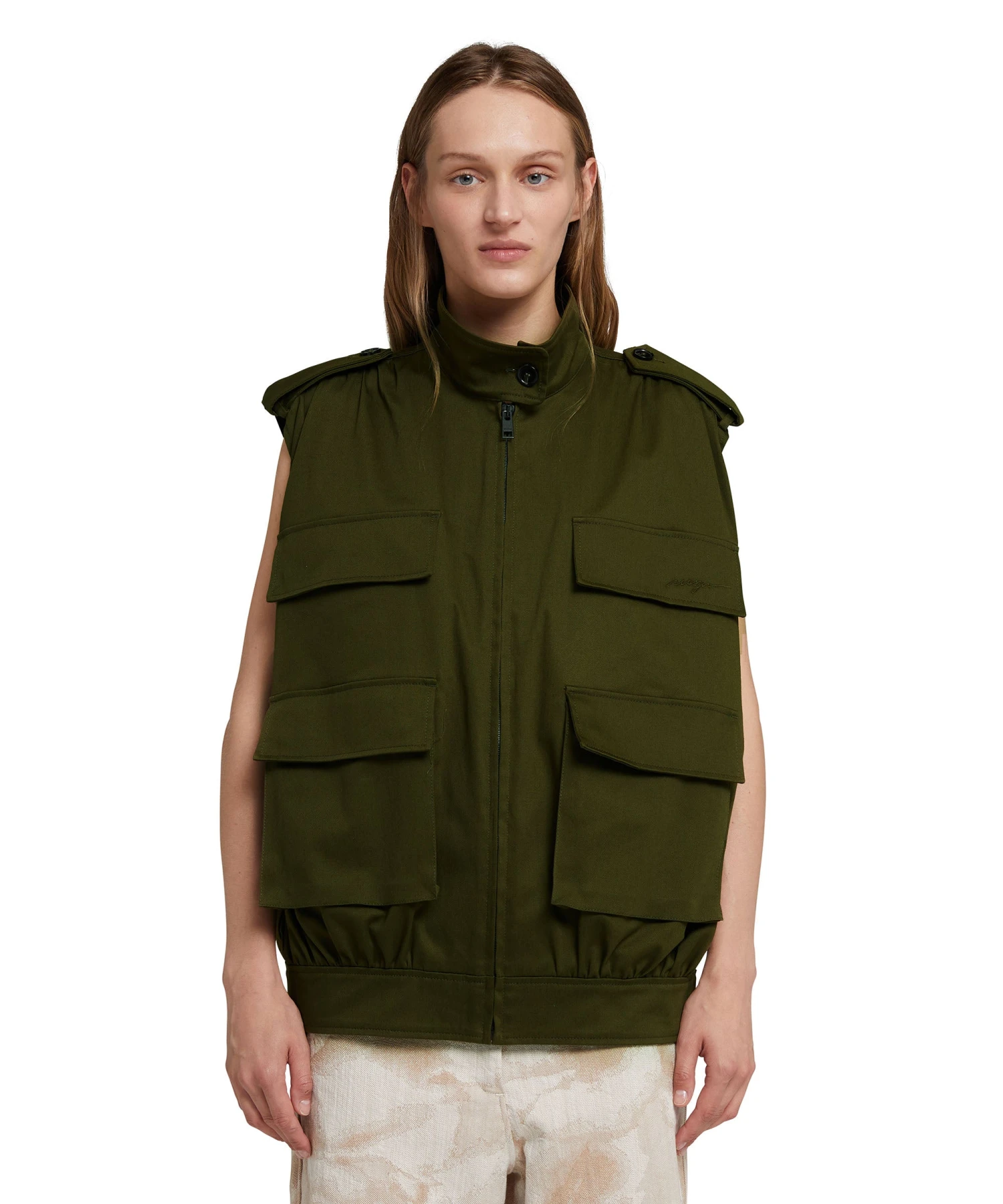 Gabardine Cotton Sleeveless Jacket With Big Pockets - Image 2