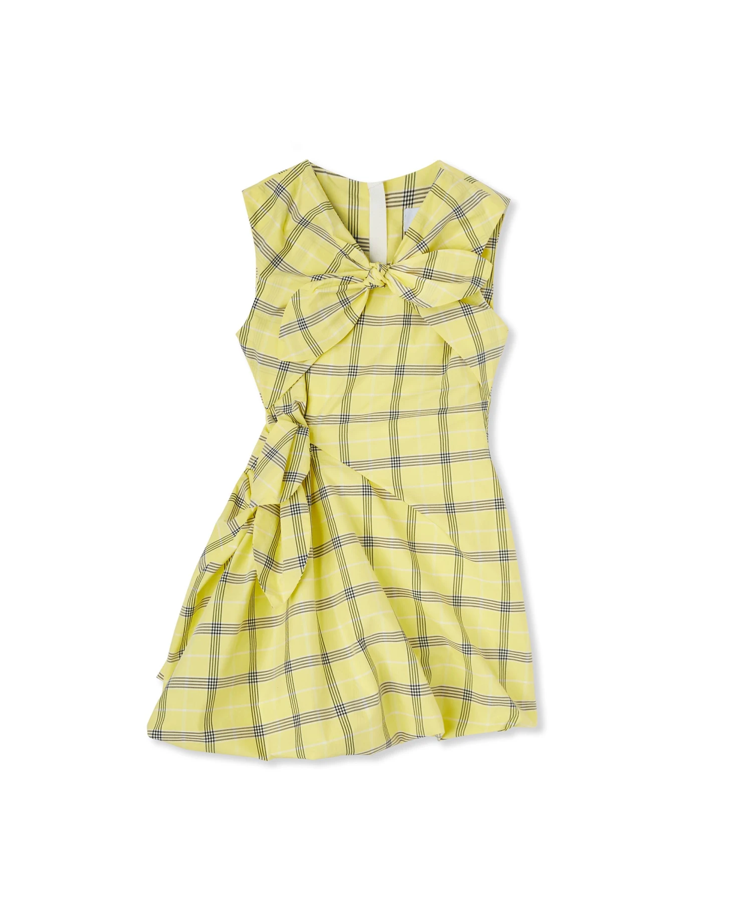 Poplin Check Short Draped Dress With Bows