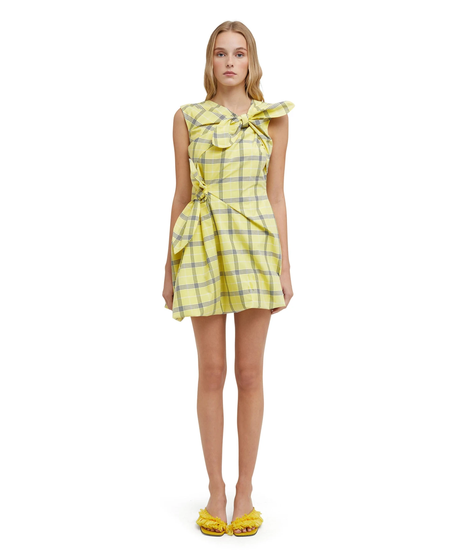 Poplin Check Short Draped Dress With Bows - Image 2