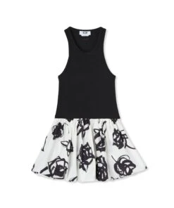 Ribbed Jersey Dress With Poplin Printed Skirt