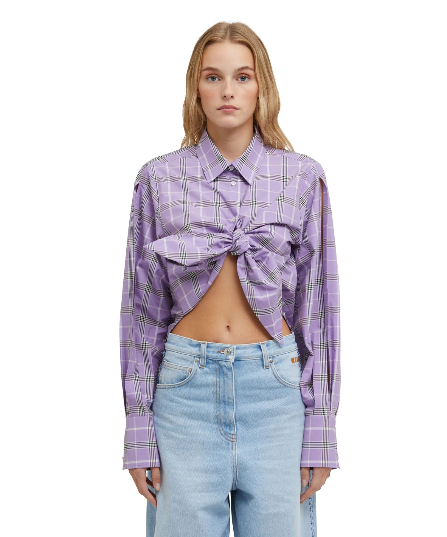 Poplin Check Crop Top With Knot - Image 2