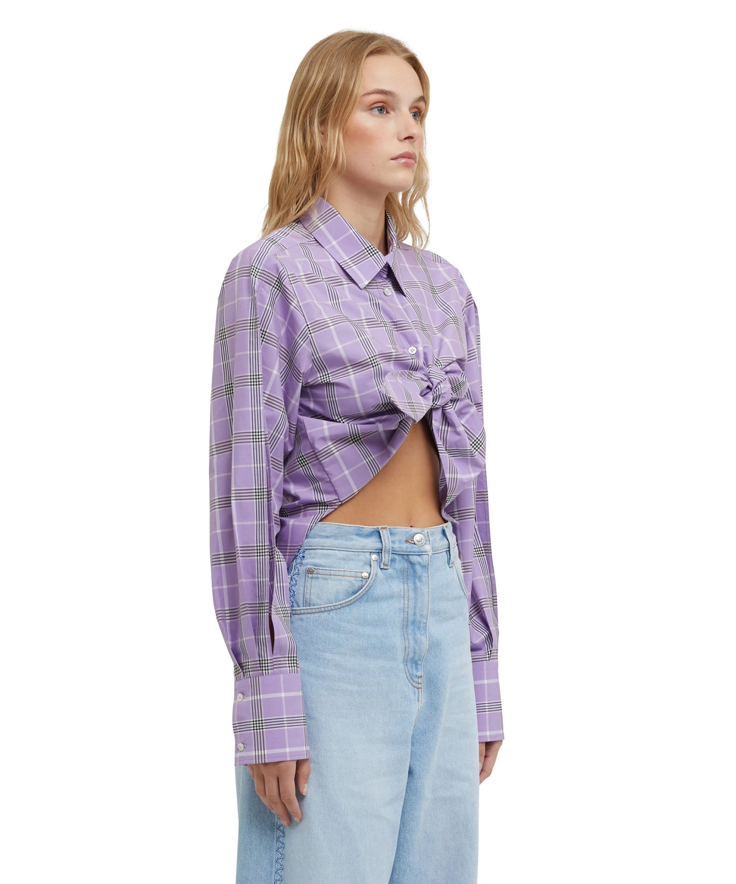 Poplin Check Crop Top With Knot - Image 4