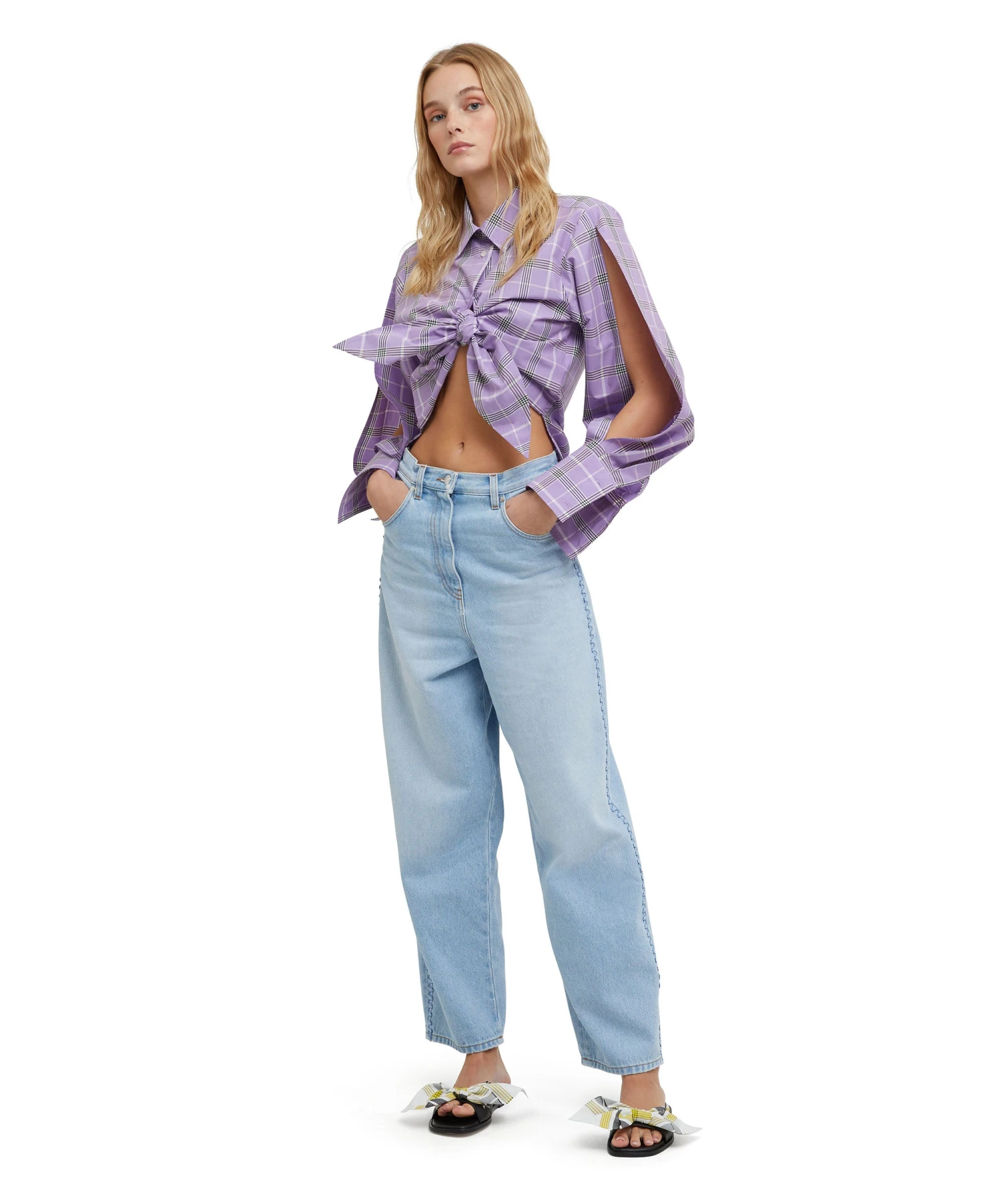 Poplin Check Crop Top With Knot - Image 5