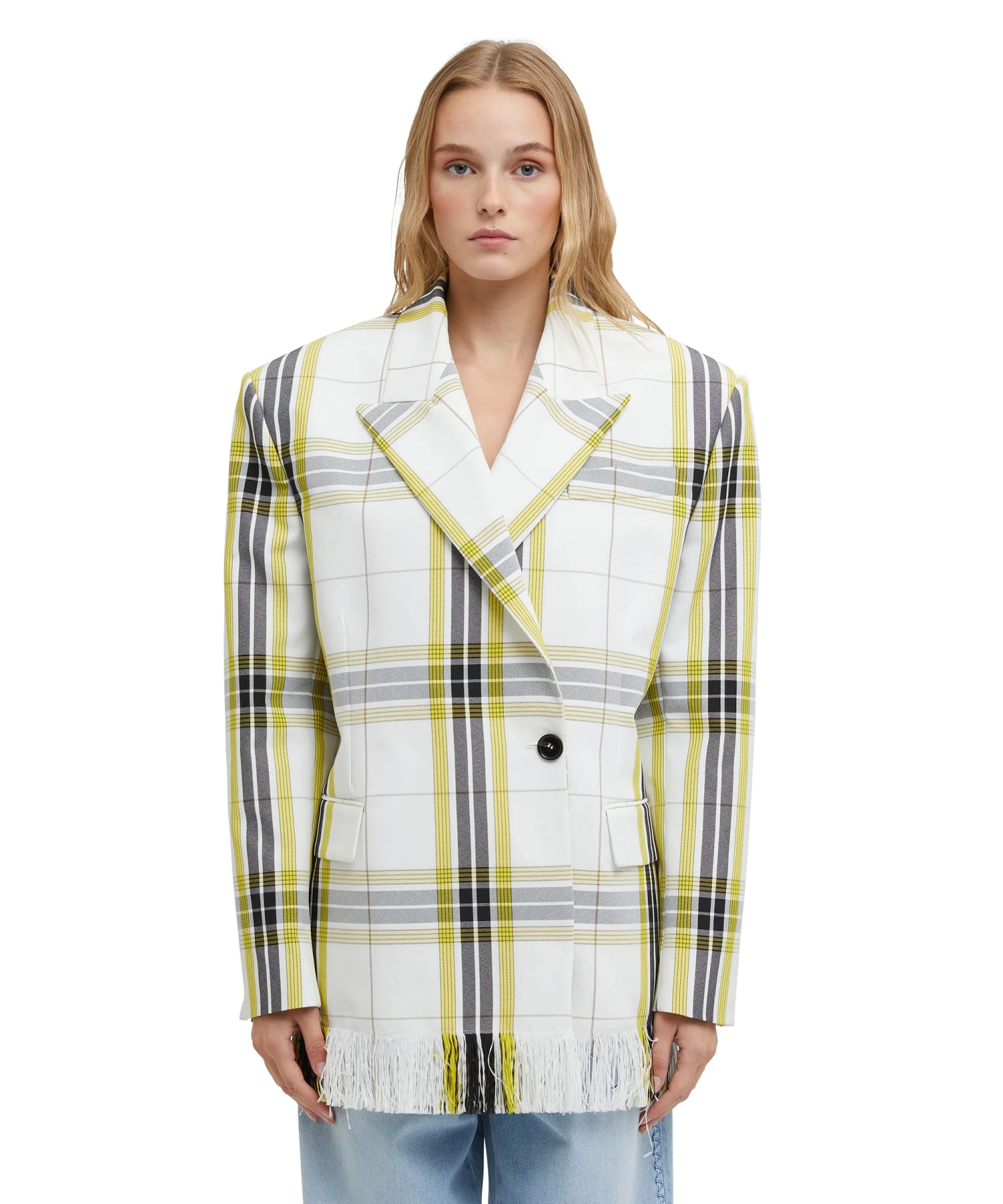 Asymmetrically Buttoned Jacket In Tecno Canvas Check - Image 2