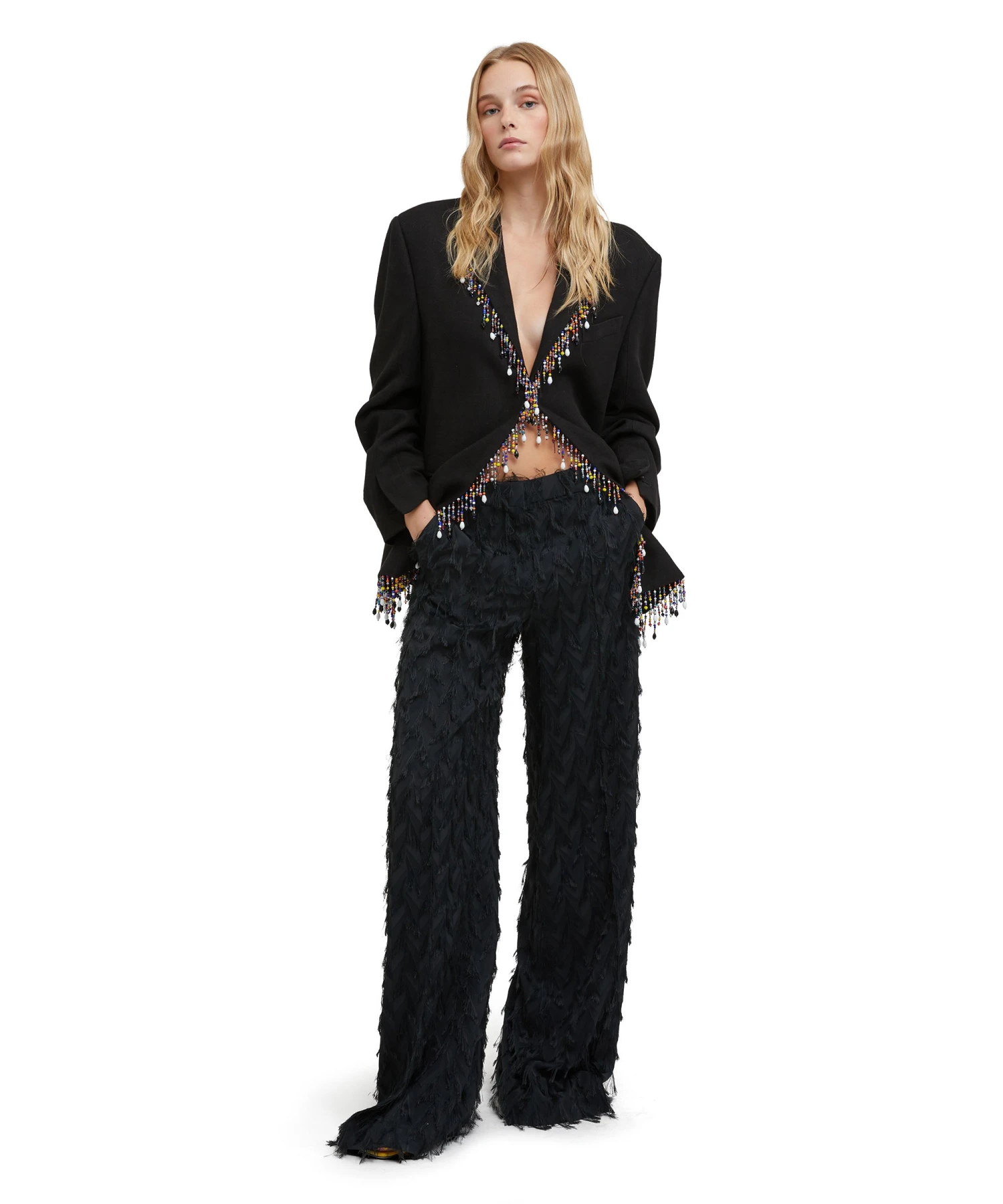 Blended Linen Single-breasted Jacket With Beaded Application - Image 5