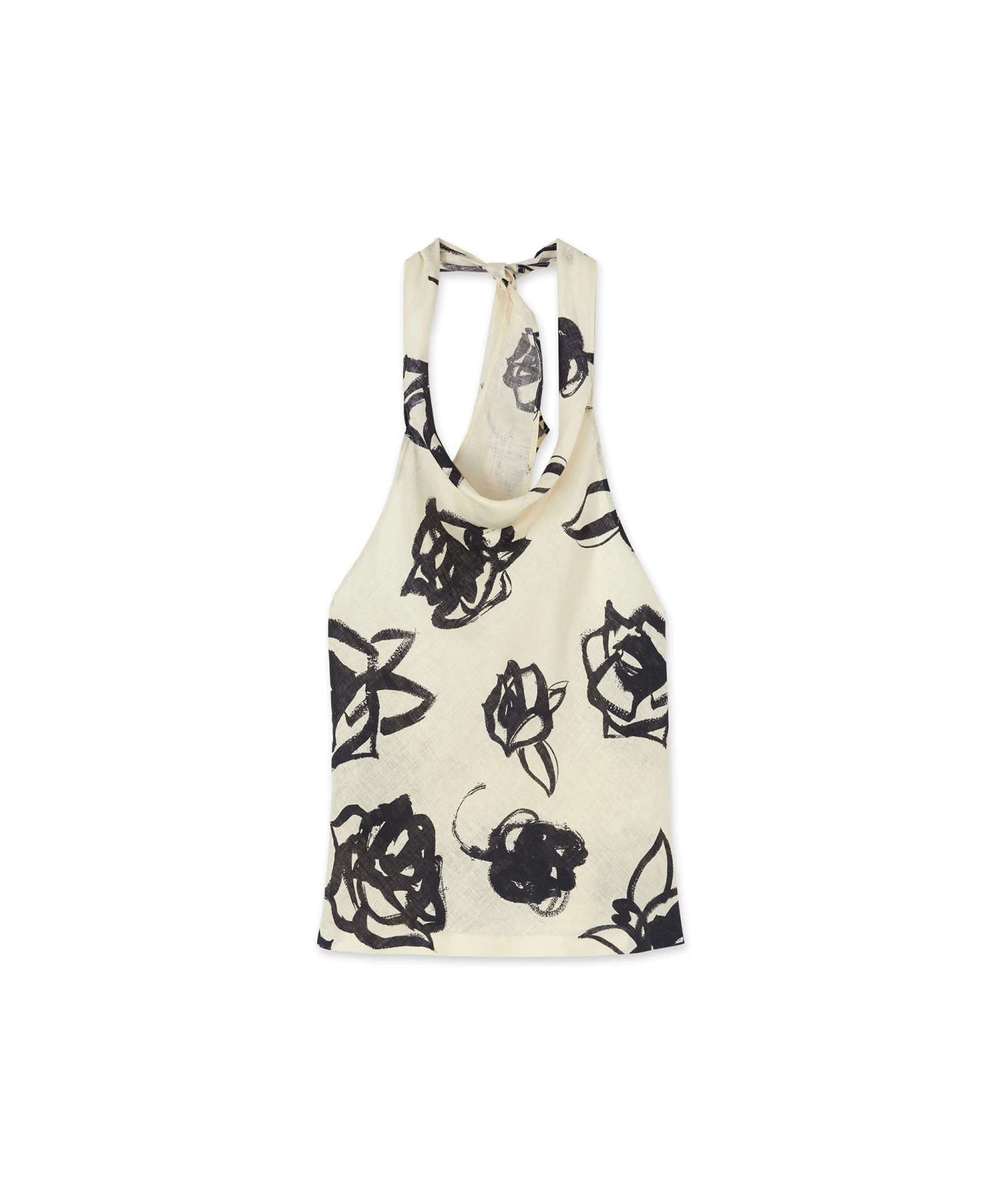 Blended Linen Sleeveless Top With Hooded Collar Andbrushstroke Rose Print