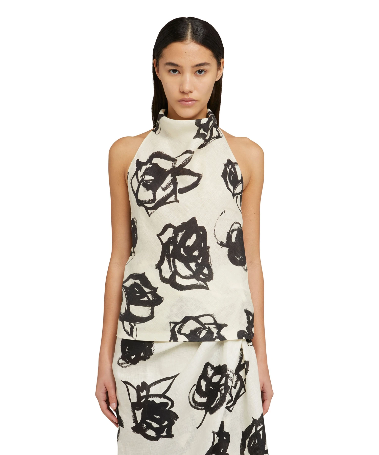 Blended Linen Sleeveless Top With Hooded Collar Andbrushstroke Rose Print - Image 2