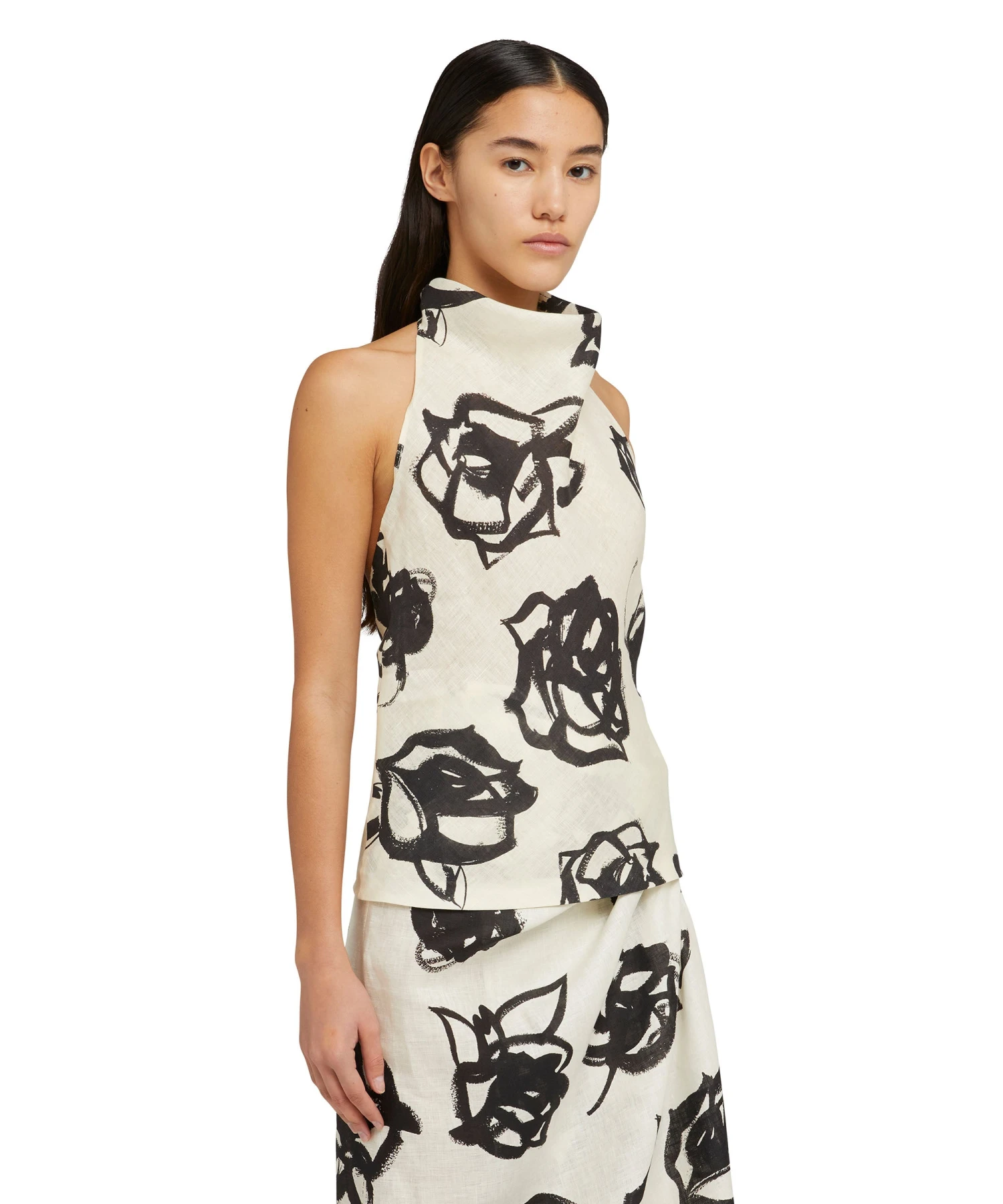 Blended Linen Sleeveless Top With Hooded Collar Andbrushstroke Rose Print - Image 3