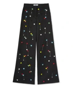 Stretch Cotton Gabardine Roomy Pants With Embroidered Beads