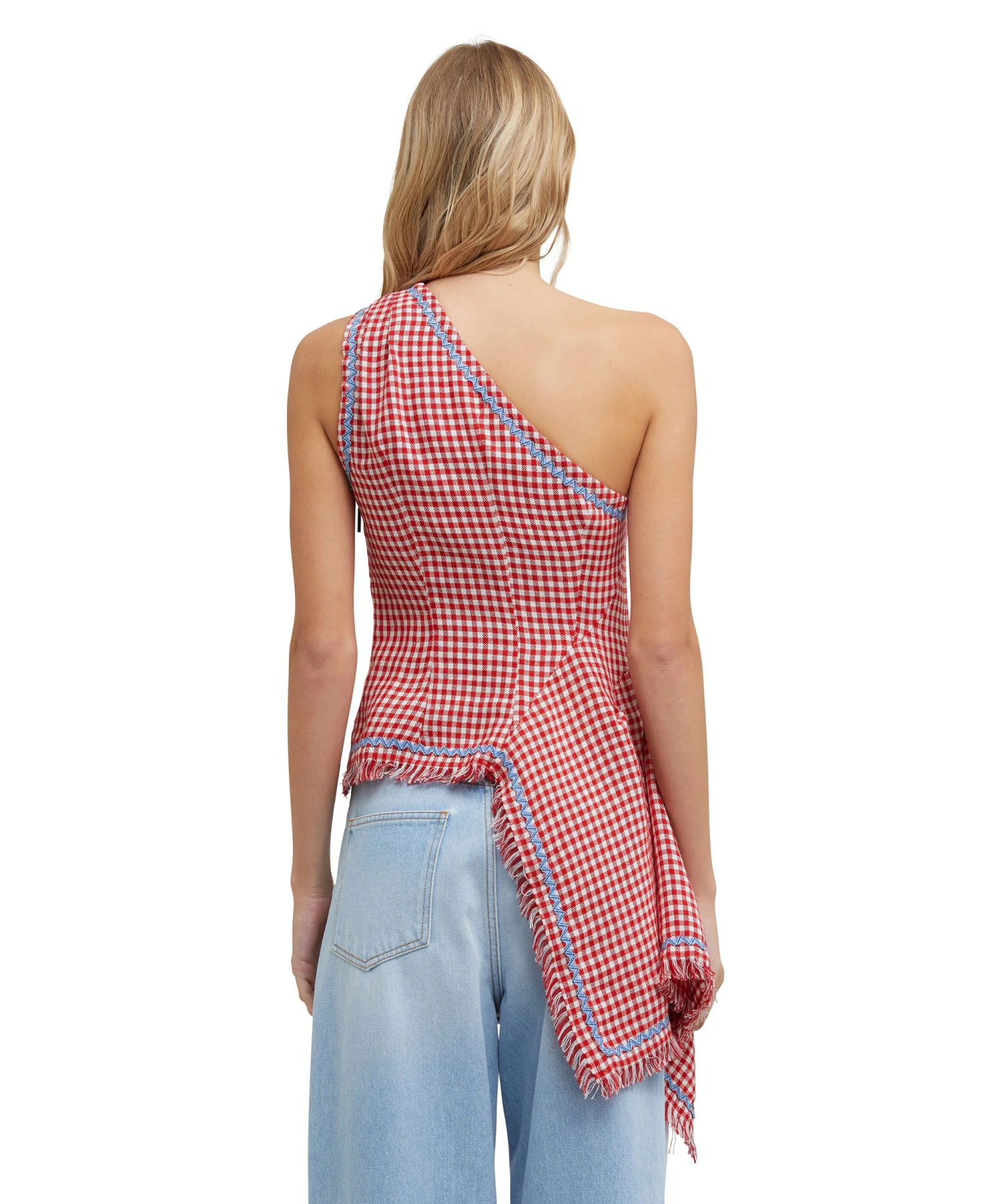 Vichy Tweed One-shoulder Top With Applications - Image 3